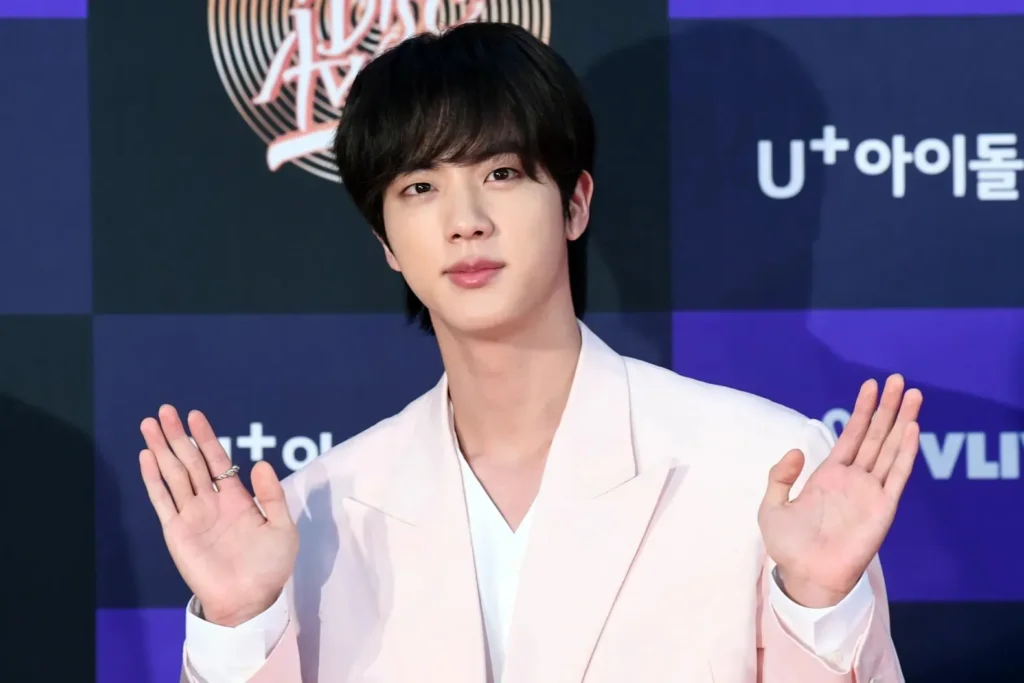 Bts Jin, pink blazer , white shirt , ring, korean language , pink plumpy lips