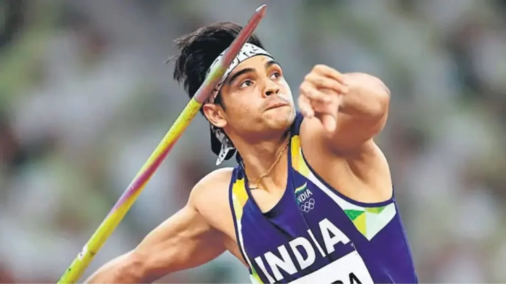 neeraj chopra , javelin throw, stick , lip biting, indian olympic t-shirt