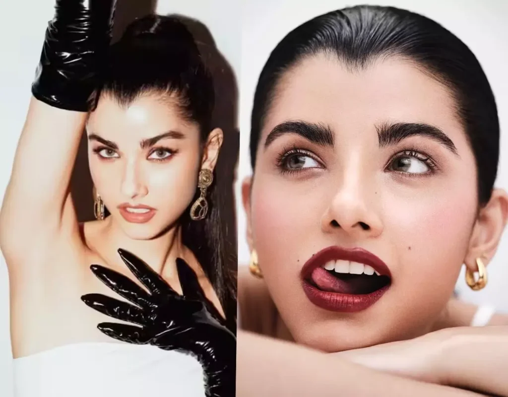 Ayesha Kanga , Red lips , Black handgloves. white tanktop , golden hoops
