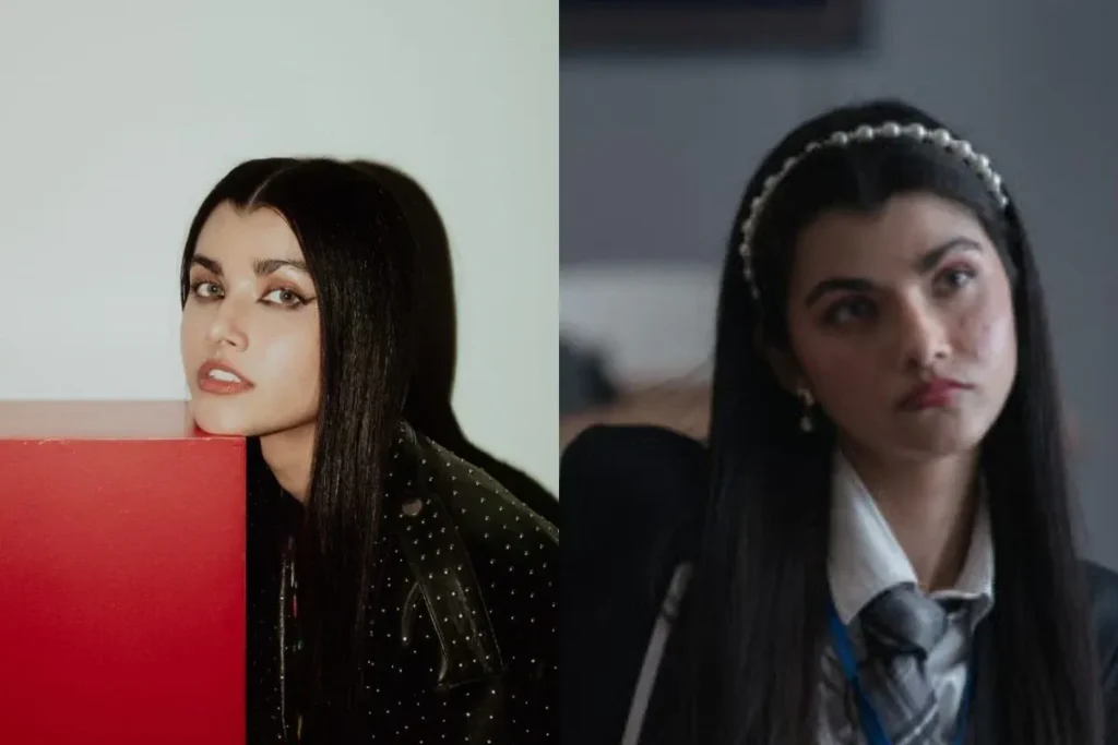 Ayesha Kanga , white pearl headband smoky eyes , red box , straight hairs